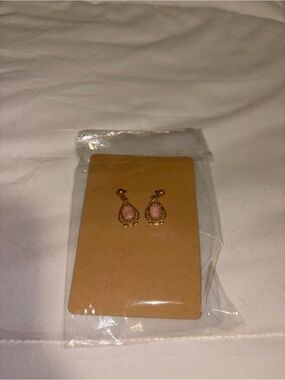Gold Teardrop Earrings with Pink Stone
